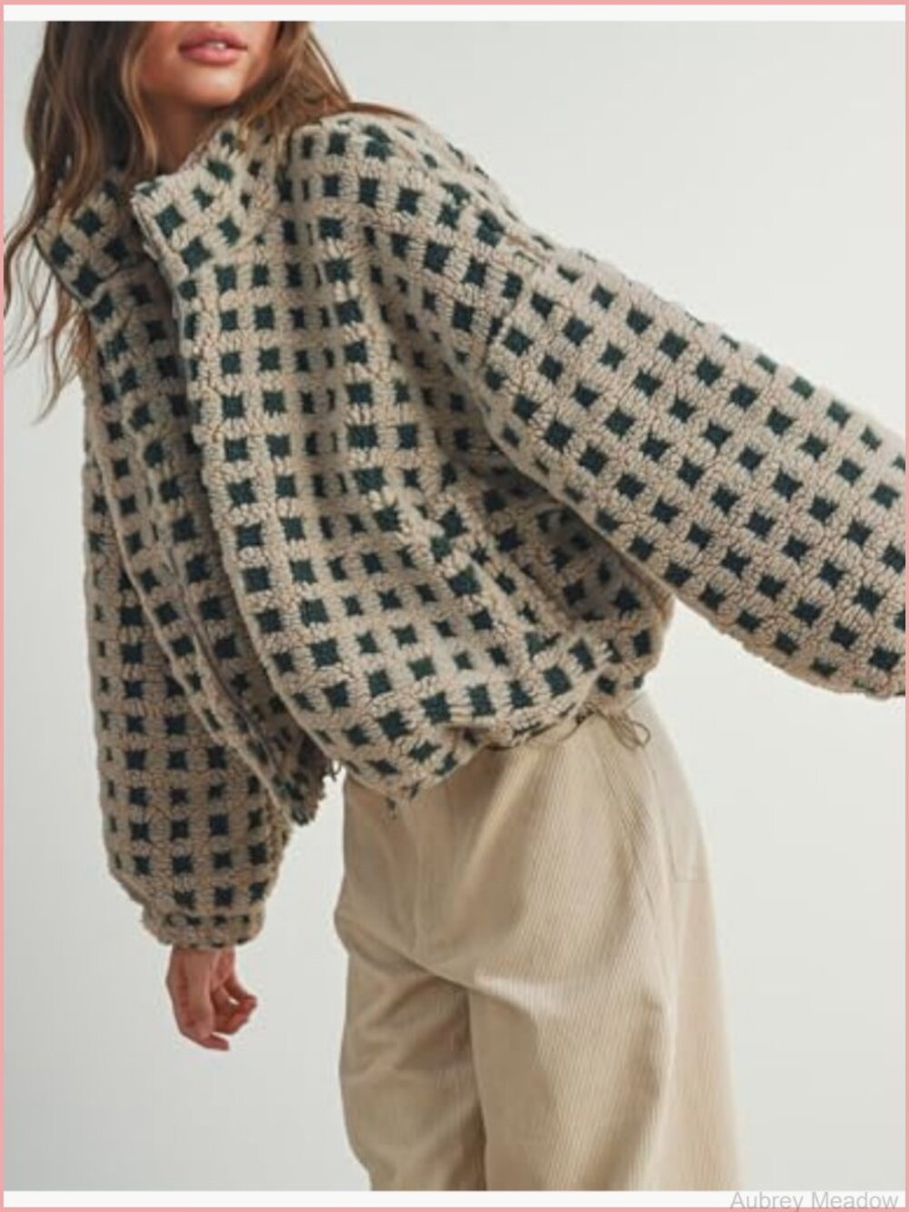 Long Sleeve Cropped Sherpa Fleece Plaid Jacket Casual Teddy Fleece Outerwear - Picture 6 of 7
